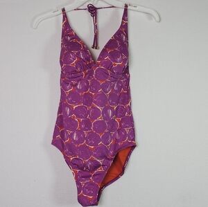 Tory Burch Orange/Purple Halter Swimsuit Sz S Circle Print One Piece
